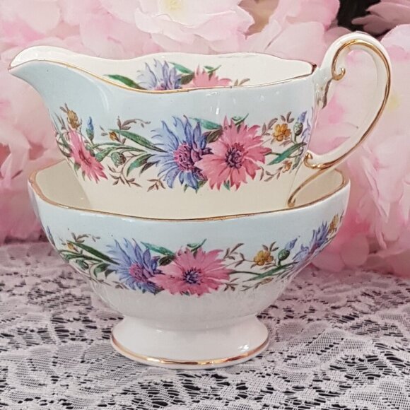 EB Foley Cornflower Blue Bone China Sugar Bowl and Milk Jug Set Pink Blue Flower - Picture 2 of 10